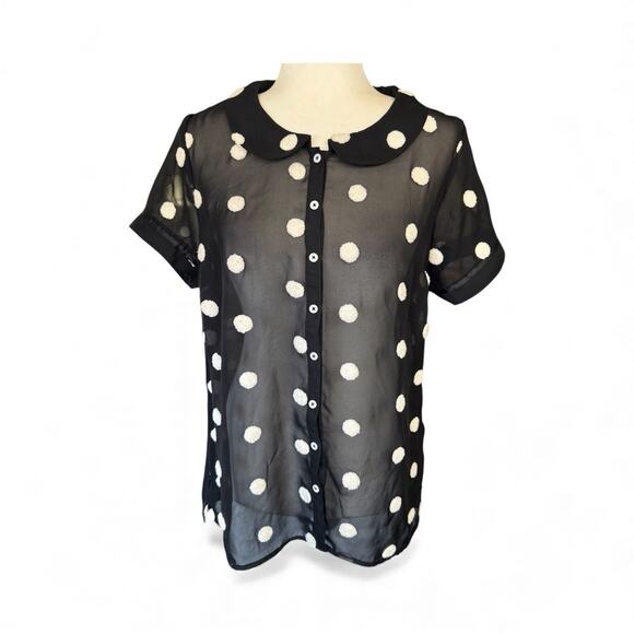 ModCloth Polyester Sheer Textured Button Up Shirt Polka Dot Black L Whimsigoth - Picture 1 of 10